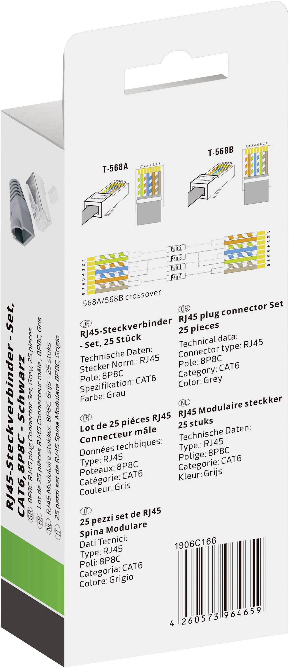 'RJ45-Steckverbinder-Set, Cat6 25 Stück, Schwarz'. Verpackung zeigt technische Details und Bilder der Stecker mit Farbzuordnung.