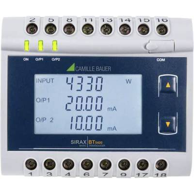 Ein digitales Messgerät zeigt 'INPUT 4330 W', 'O/P1 20.00 mA', 'O/P2 10.00 mA'. Oben sind grüne LED-Anzeigen und diverse Anschlüsse.