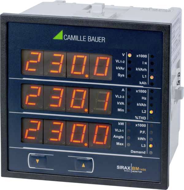 Digitales Messgerät mit roter LED-Anzeige zeigt dreimal '230.0'. Das Gerät hat Tasten und Leuchtanzeigen für elektrische Messwerte.