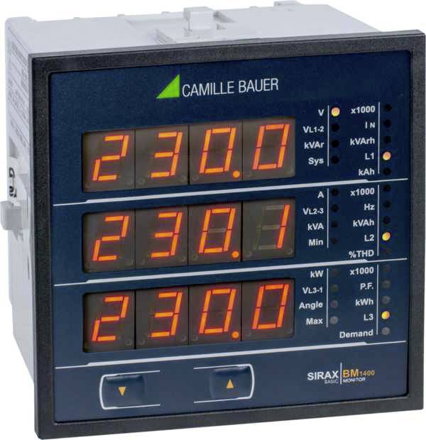 Elektronisches Anzeigeinstrument zeigt dreimal die Zahl '230.0'. Label auf dem Gerät: 'Camille Bauer'. Messwerte in verschiedenen Einheiten.