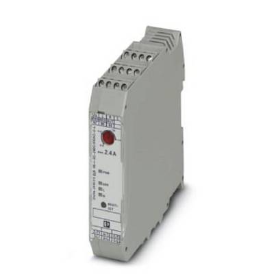 Elektronisches Gerät mit grauem Gehäuse und roten Tasten, vermutlich ein Stromüberwachungsrelais. Links sind Anschlussklemmen sichtbar.