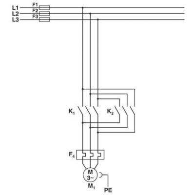 'Schützschaltung für Elektromotor: Stromquellen L1, L2, L3 verbunden mit Schütz K1, K2; Motor M über Sicherungen F1-F4 verdrahtet.'