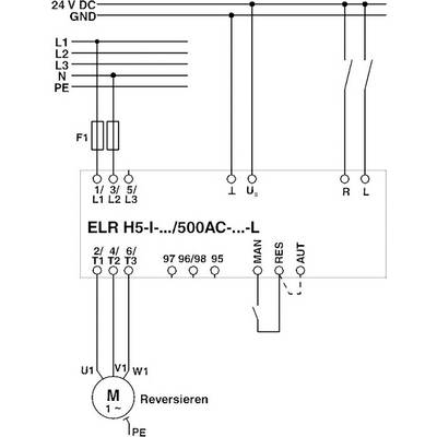 Schaltplan einer Motorsteuerung mit Komponenten: Sicherung (F1), Relais (ELR H5), Motor (M), mit Anschlüssen und Steueroptionen (MAN, RES, AUT).