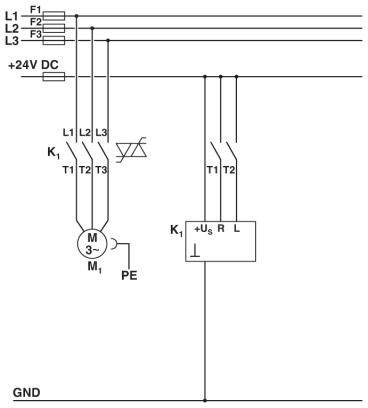 Schaltschema einer elektrischen Anlage: zeigt Verkabelung und Bestandteile wie Schalter, Motor (M1), und Sicherungen (F1, F2, F3) mit +24V DC.