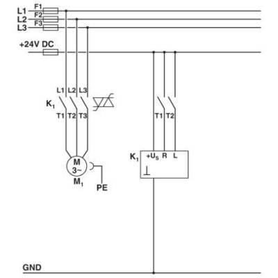 Schaltschema einer elektrischen Anlage: zeigt Verkabelung und Bestandteile wie Schalter, Motor (M1), und Sicherungen (F1, F2, F3) mit +24V DC.