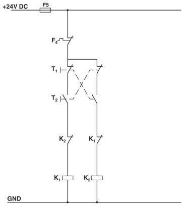 'Schaltschema mit 24V DC, Sicherungen F5, F4 und Transistoren T1, T2. Zwei Schalter K1, K2 in Parallelschaltung führen zu GND.'