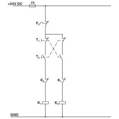'Schaltschema mit 24V DC, Sicherungen F5, F4 und Transistoren T1, T2. Zwei Schalter K1, K2 in Parallelschaltung führen zu GND.'
