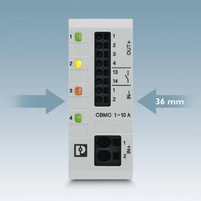Elektronischer Schaltkreisblock mit LED-Anzeigen und Beschriftungen. Breite: 36 mm.