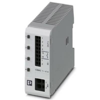 Elektronischer Schutzschalter-Modul in Grau mit mehreren Anschlüssen an der Vorderseite, geeignet für technische Anwendungen.