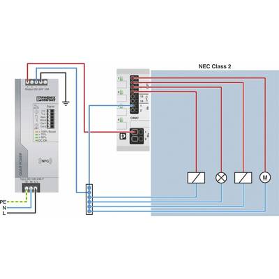'Schaltplan der elektrischen Verkabelung mit Anschlussklemmen, Leitungsführung und Beschriftungen. Zeigt NEC Class 2 Verdrahtung.'
