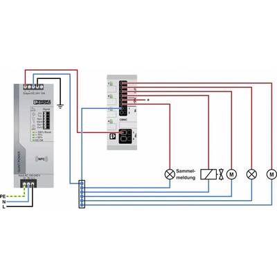 Schaltplan eines elektrischen Systems: Verbindungen zwischen einem Leistungsschalter und Ausgängen für Sammelmeldung und Motoren.