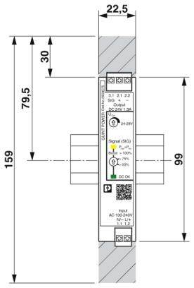 Abbildung eines Geräts zur Hutschienenmontage mit Abmessungen 159 mm x 22,5 mm. Enthält Anschlüsse für Signal, DC, und AC-Eingang.