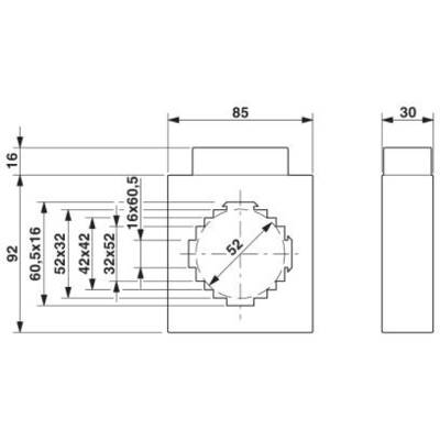 Technische Zeichnung eines Bauteils mit Maßen: Höhe 92, Breite 85, Tiefe 30. Rundes Detail mittig, verschiedene Maßangaben links.