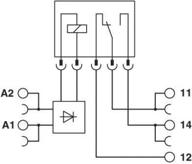 'Schaltbild eines Relais mit Spule, Diode und Anschlüssen A1, A2, 11, 12, 14. Veranschaulicht elektrische Verbindungspunkte.'