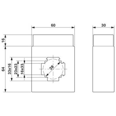 Technische Zeichnung eines rechteckigen Bauteils mit Maßen. Vorderansicht zeigt Kerben, Seitenansicht zeigt Tiefe. Maße: 60x64 mm.