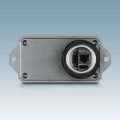 Metallkasten mit Anschlüssen, einschließlich eines Ethernet-Ports, montiert auf einer blauen Hintergrundfläche.