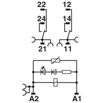 Schaltplan eines Relais mit zwei Spulen und Kontaktpaaren. Oben: zwei Schließer mit Nummern. Unten: Diode, LED und Widerstand parallel geschaltet.