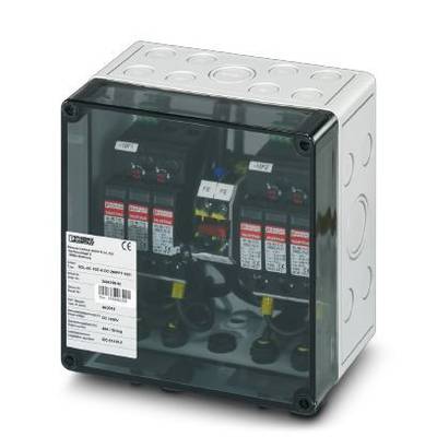 Ein rechteckiger elektrischer Anschlusskasten mit transparentem Deckel zeigt mehrere Schalter mit Aufschriften und Verkabelung im Inneren.