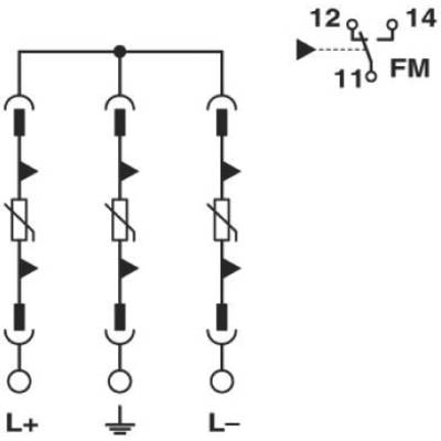Schaltskizze mit drei parallelen Stromkreisen, je mit Diode und Widerstand. Rechts oben eine Umschaltvorrichtung mit Beschriftung '11, 12, 14, FM'.