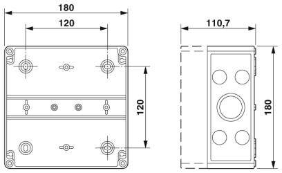 Technische Zeichnung eines rechteckigen Gehäuses mit Maßen: 180x120 mm, seitliche Ansicht 110,7 mm. Zeigt Bohrungen und Montagepunkte.