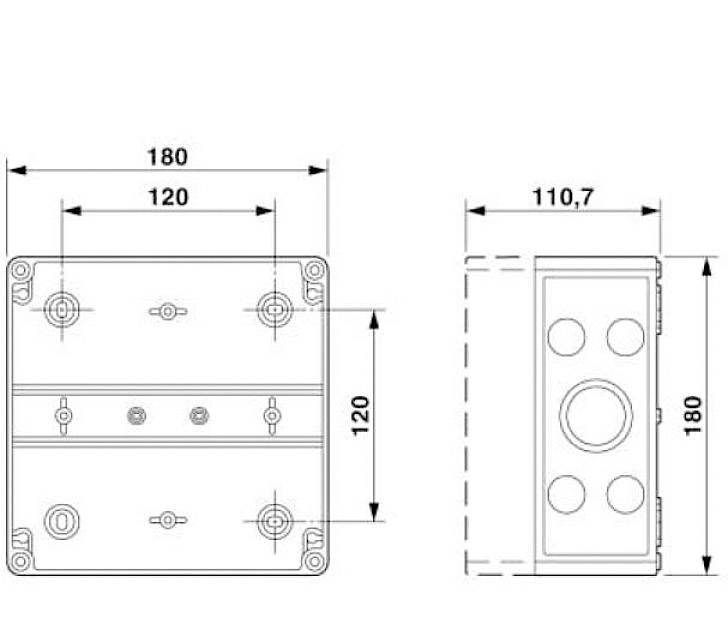 Technische Zeichnung einer rechteckigen Box mit Maßen: 180 mm x 120 mm x 110,7 mm. Zeigt Platzierungen von Schraubenlöchern und Öffnungen.
