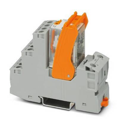 Elektronisches Relaismodul mit orangem Hebel an der Oberseite, geeignet für die Montage auf DIN-Schienen in Schaltschränken.