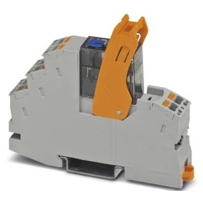 Ein Relaismodul in grauem Gehäuse mit orangener Verriegelung. Es ist für DIN-Schienenmontage ausgelegt und hat mehrere Anschlussklemmen.