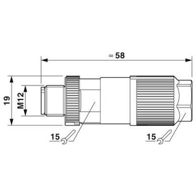 Technische Zeichnung eines Steckers, Länge 58 mm, Durchmesser M12, Höhenangaben: 19 mm und 15 mm. Profilansicht mit Angaben.