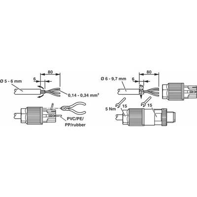 'Diagramm zeigt Montageanleitung für Kabel. Links: Abisolieren 5-6 mm. Rechts: Einführen in Hülle, Schrauben anziehen mit 5 Nm.'