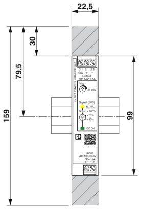 Abbildung zeigt ein schmales, vertikales technisches Gerät mit Maßangaben. Es hat Anschlüsse und LEDs zur Signalanzeige.