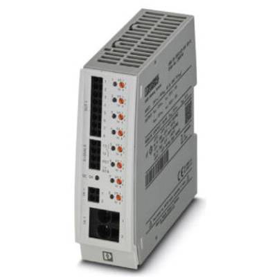 Ein graues, elektronisches Gerät mit mehreren Anschlüssen und Knöpfen an der Vorderseite. Text und Symbole auf der Seite.