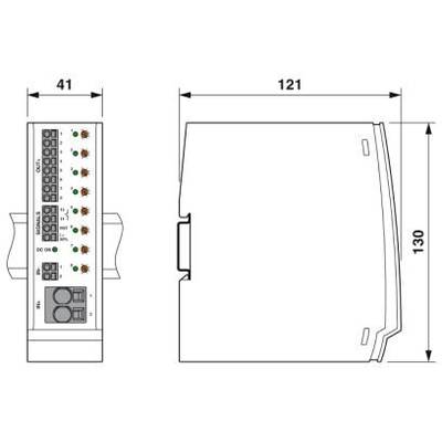 Eine technische Zeichnung einer elektrischen Komponente mit Abmessungen: Breite 41 mm, Länge 121 mm, Höhe 130 mm. Vorder- und Seitenansicht gezeigt.