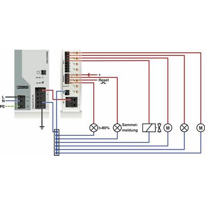 'Schaltplan zeigt die elektrische Verkabelung eines Überlastschutzsystems mit Komponenten wie Netzgerät, Relais und Motor.'