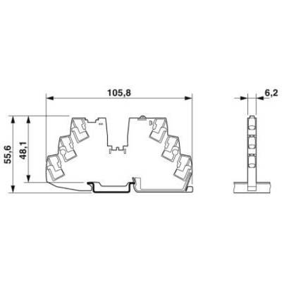 Technische Zeichnung eines Bauteils mit Abmessungen: Breite 105,8 mm, Höhe 55,6 mm, Tiefe 6,2 mm. Verschiedene Perspektiven.