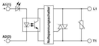 Schaltplan eines Nullspannungsschalters mit Dioden, Widerständen und Transistoren. Eingänge A1 und A2, mit Ausgängen L1 und T1 verbunden.