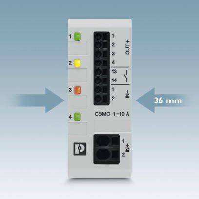 Elektronischer Schutzschalter mit LED-Anzeigen für verschiedene Kanäle. Zeigt Größe von 36 mm Breite.