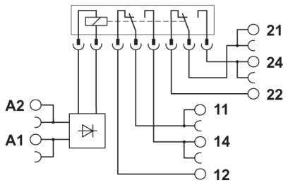 Schaltschema eines Relais mit Anschlussbezeichnungen. Oben sind Anschlussstifte, unten zwei Verbindungspunkte mit einem Rechteck und Diode.