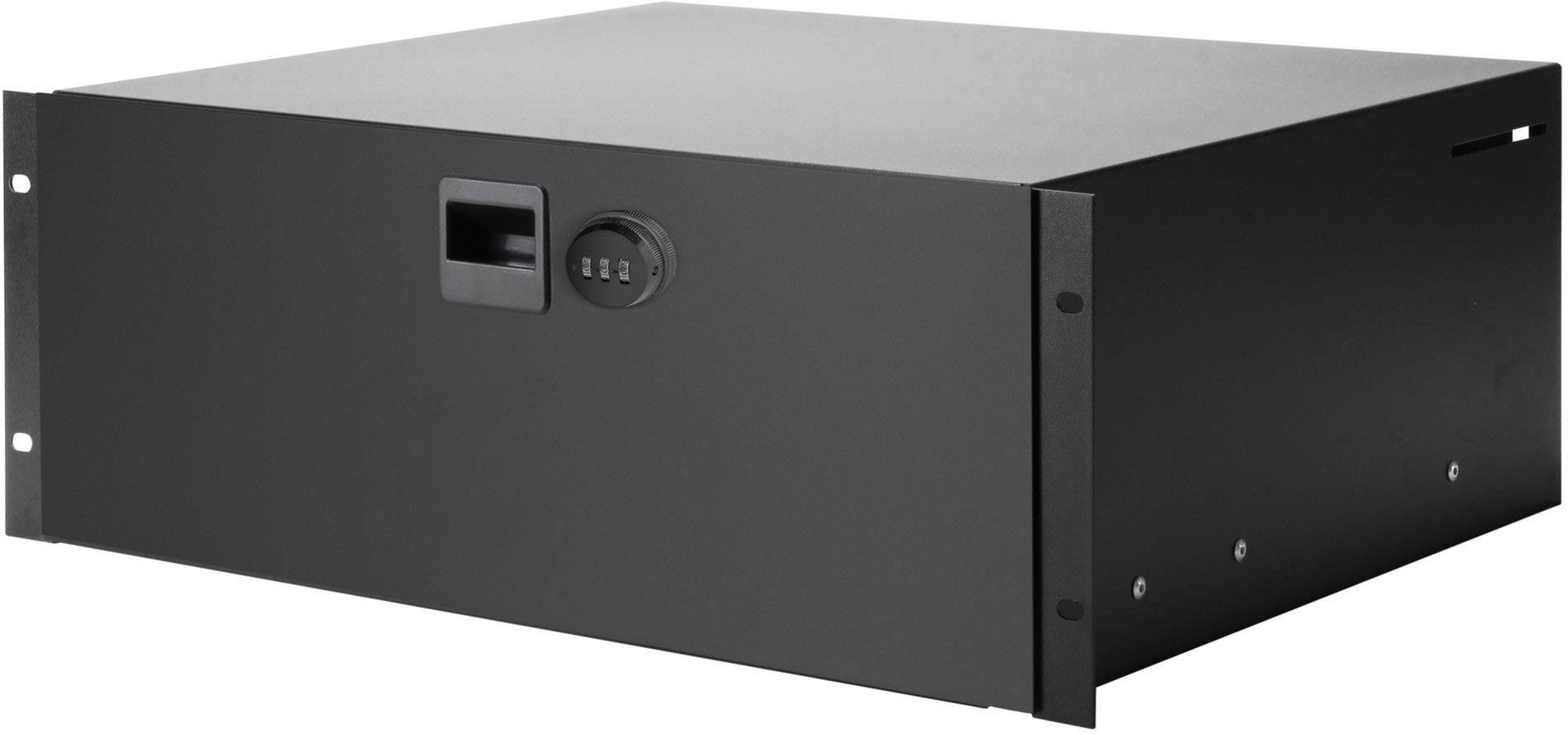 Schwarzes serverartiges Gehäuse mit einer Lüftungsöffnung und vierstelliger Zahlensicherung vorne, auf weißem Hintergrund.
