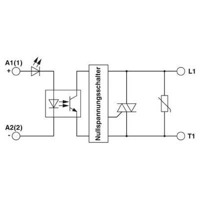 Schaltplan eines Nullspannungsschalters mit Dioden, LEDs und einem Thyristor (T1) in einem Stromkreis zwischen A1(+), A2(-) und L1.
