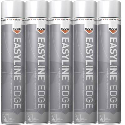 Eine Reihe von fünf silbernen Spraydosen der Marke 'Rocol Easlyline Edge'. Sie stehen nebeneinander ausgerichtet.