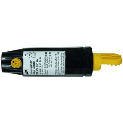 Überspannungsableiter mit schwarzem Gehäuse, gelbem Anschluss und Etikett mit Informationen wie '20 kV', '50 Hz' und Sicherheitsmarkierungen.