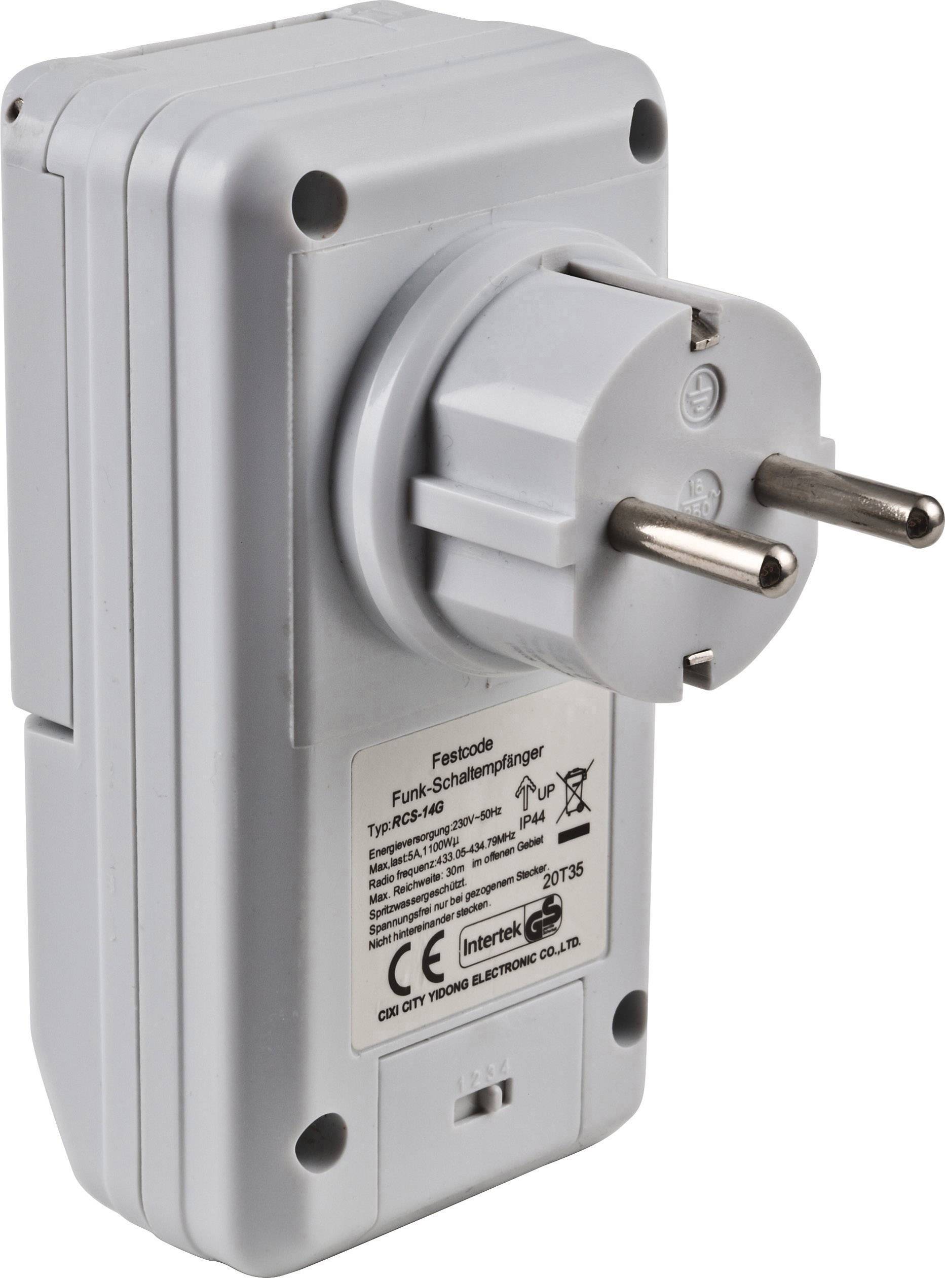 Weiße Steckdose mit Schutzkontakt, Steckertyp C, an einer grauen Funkschalt-Steckdose montiert.