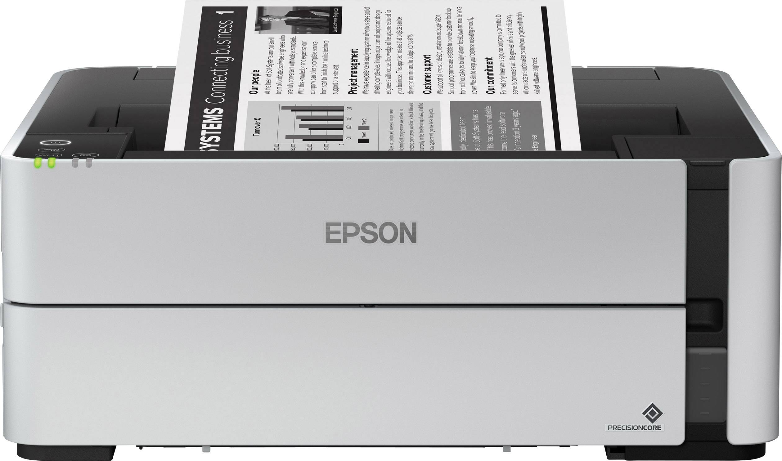 Ein grauer Epson-Drucker gibt ein bedrucktes Blatt Papier mit Text und Diagrammen aus.