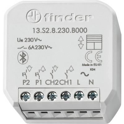 Ein Weißes Relaismodul, gekennzeichnet mit '13.S2.8.230.B000', für 230V. Zeigt Symbole und Anschlüsse P2, P1, CH2, CH1, L, N.