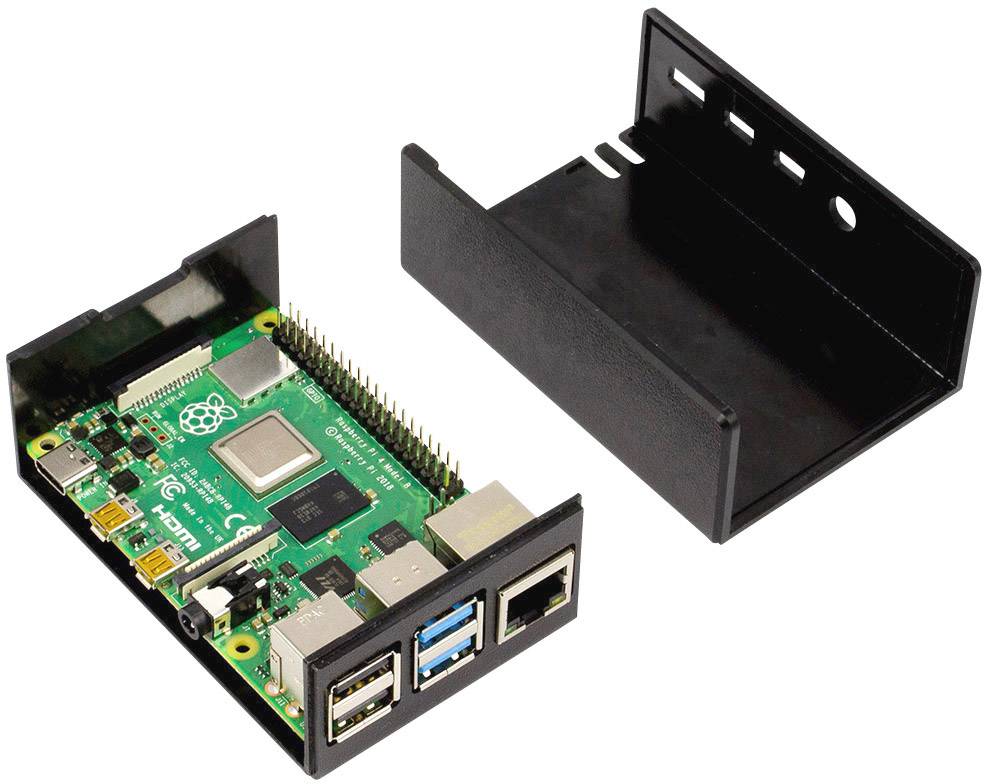 Ein Raspberry Pi 4 Modell B in einem schwarzen Gehäuse, teilweise geöffnet. Sichtbar sind USB- und Ethernet-Anschlüsse.