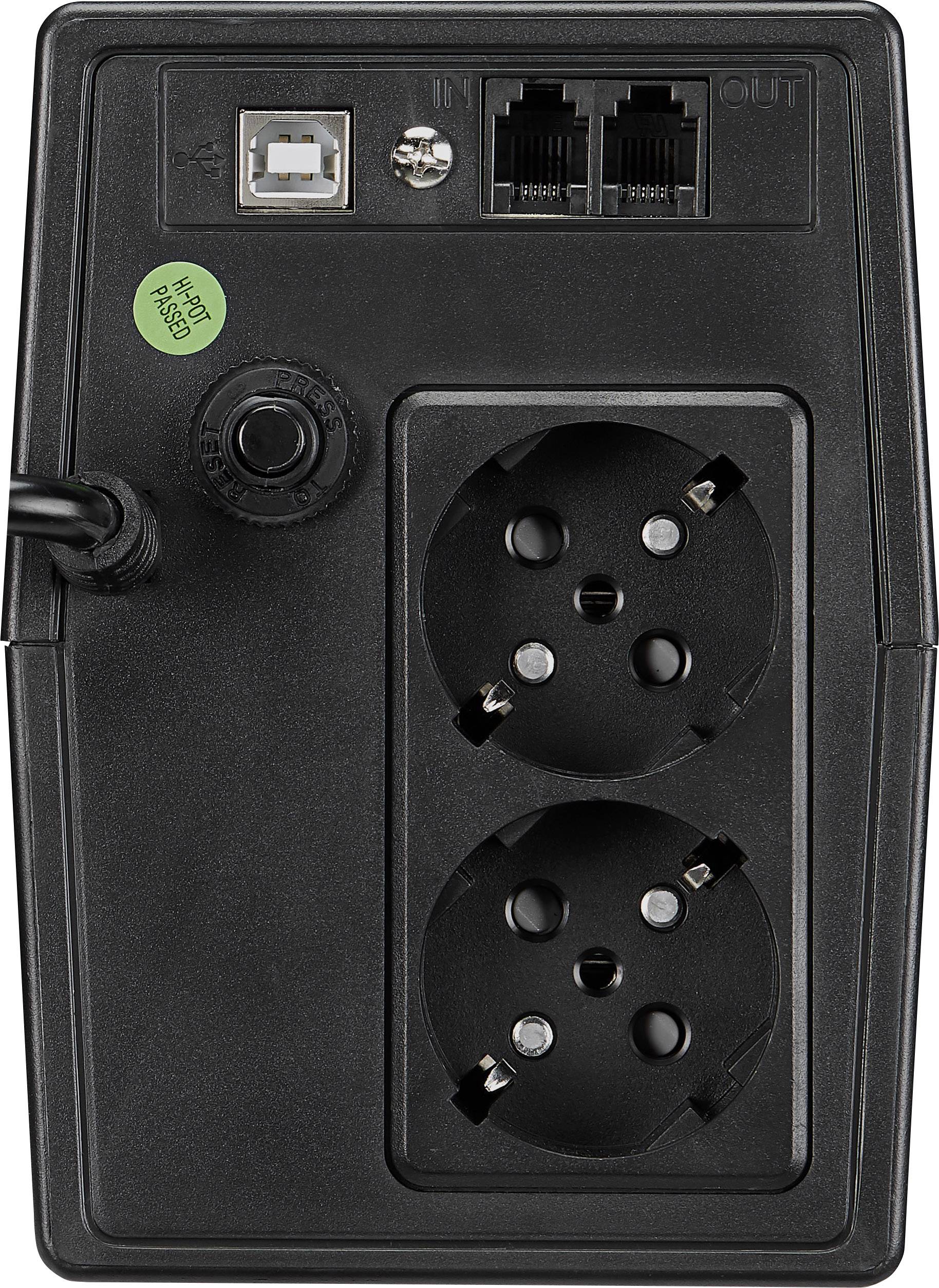 Rückseite eines elektronischen Geräts mit zwei Steckdosen, USB-Anschluss und Ethernet-Anschlüssen.