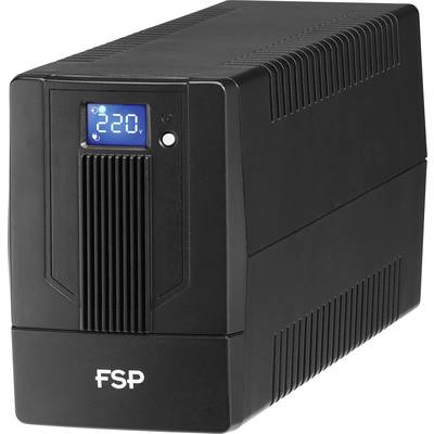 Ein schwarzes USV-Gerät mit einem kleinen digitalen Display, das '220 V' anzeigt. Auf der Vorderseite steht 'FSP'.