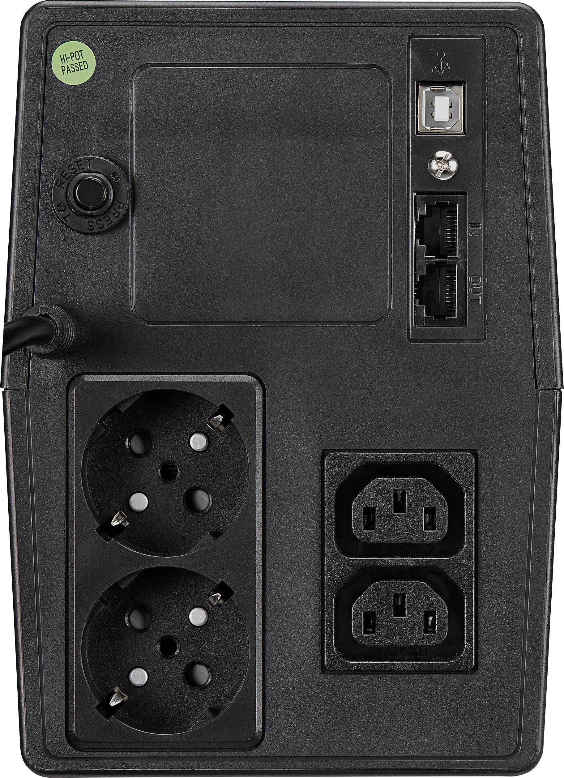 Rückseite eines USV-Geräts mit zwei Schuko-Steckdosen, zwei IEC-Ausgängen, Netzwerk- und USB-Anschlüssen.
