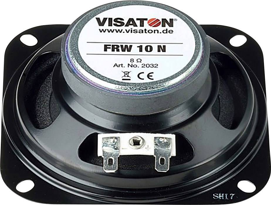 Lautsprecher von Visaton, Modell FRW 10 N, 8 Ohm, Art.-Nr. 2032, mit quadratischer Befestigungsplatte und Kabelanschlüssen darunter.
