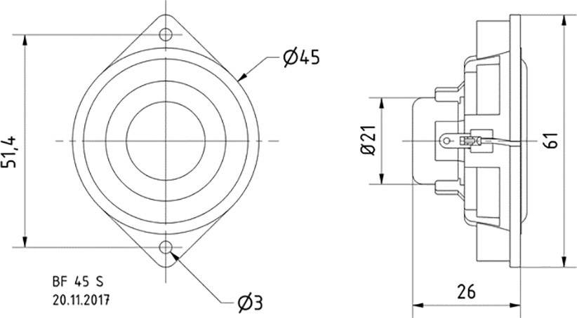 Technische Zeichnung eines Lautsprechers mit Maßen: Durchmesser 45 mm, Breite 51,4 mm, Tiefe 61 mm. Beschriftet mit 'BF 45 S' und Datum '20.11.2017'.